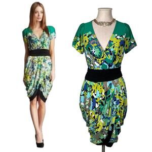 BCBGMAXAZRIA Emerald Tulip Dress Tie Waist Sheath Cocktail Green Chic Sexy Small